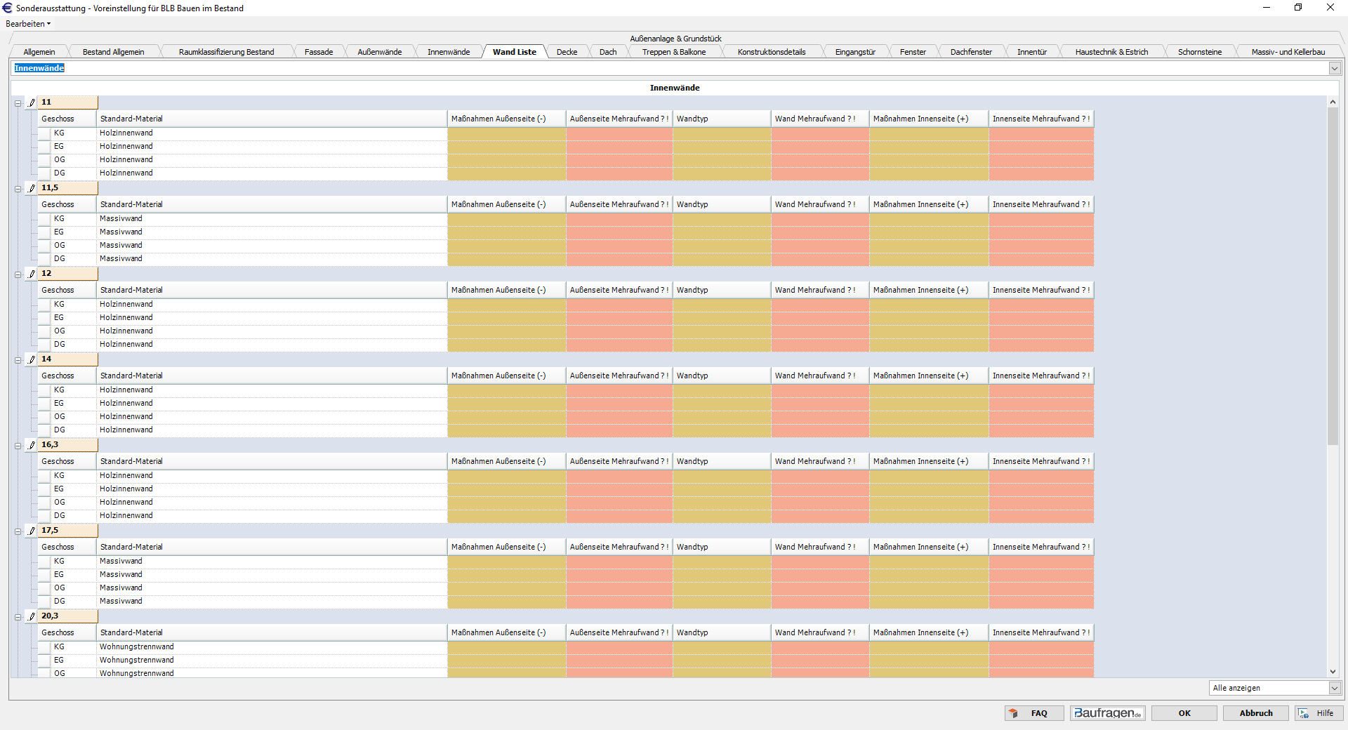 Register Wand Liste Innenwände