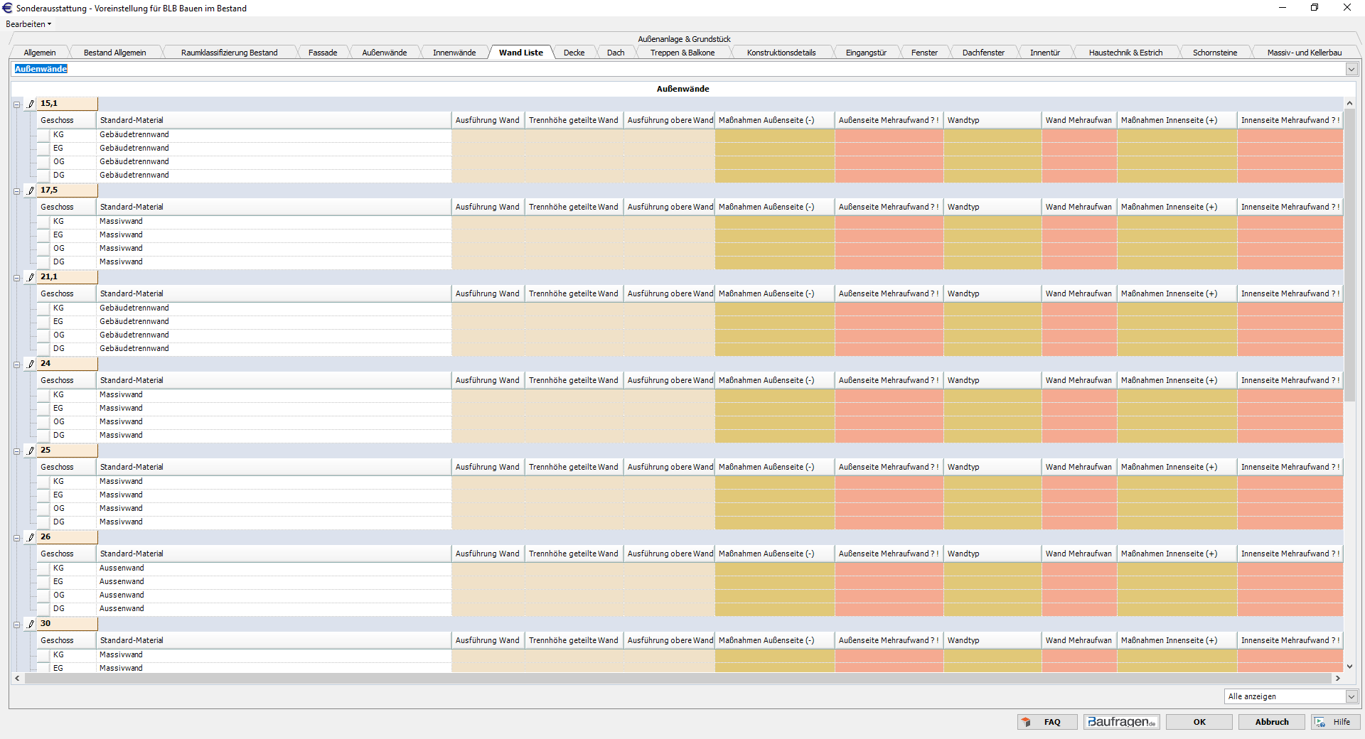 Register Wand Liste Außenwände
