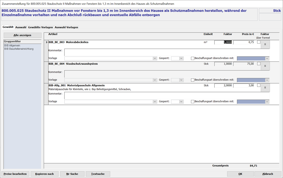 Stückliste Staubschutz II